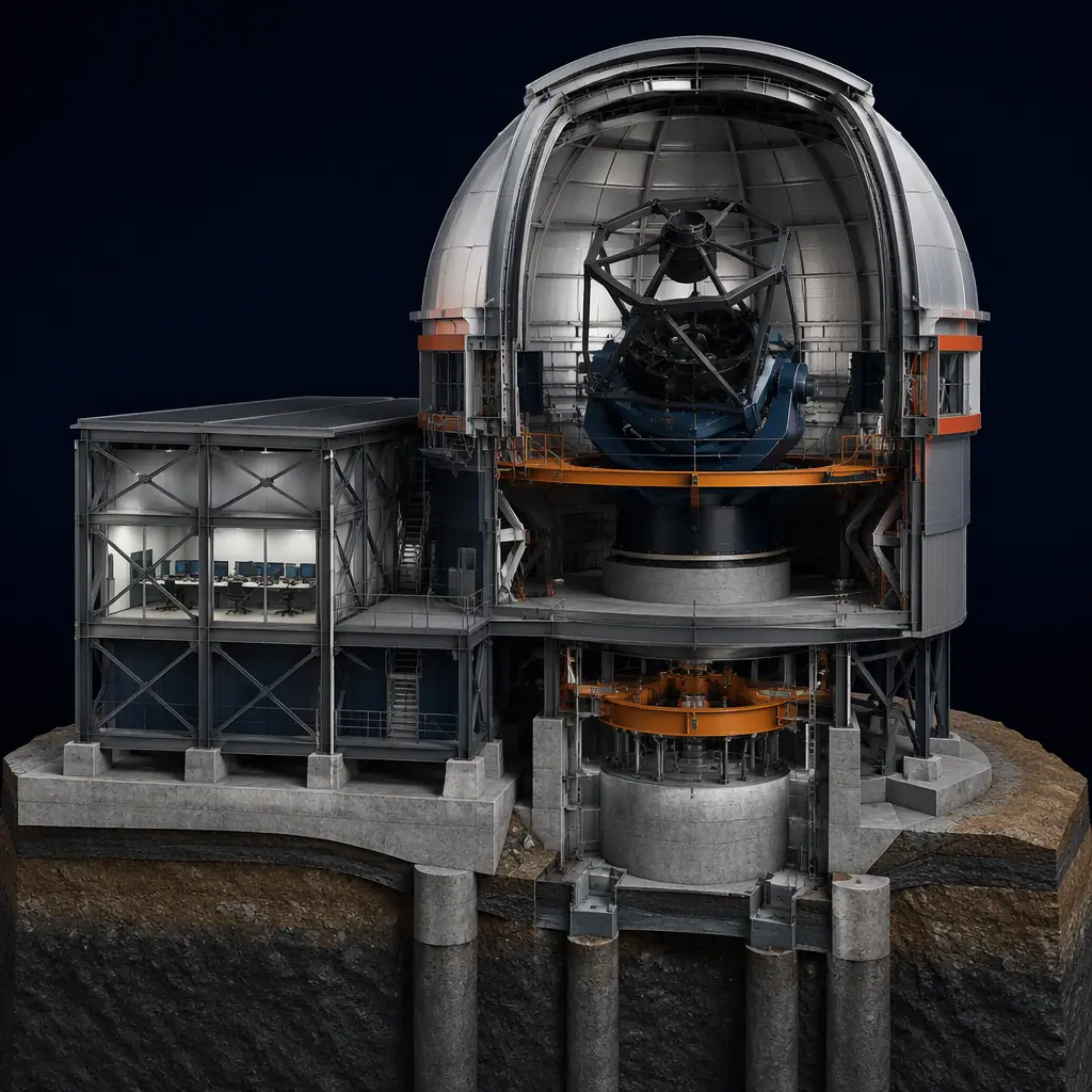 Photorealistic 3D cross-section render of modular observatory building, steel frame support module with control room, dome structure with telescope mount on vibration-isolated pier foundation, clean engineering visualization, distinct metal layers, no text, no labels