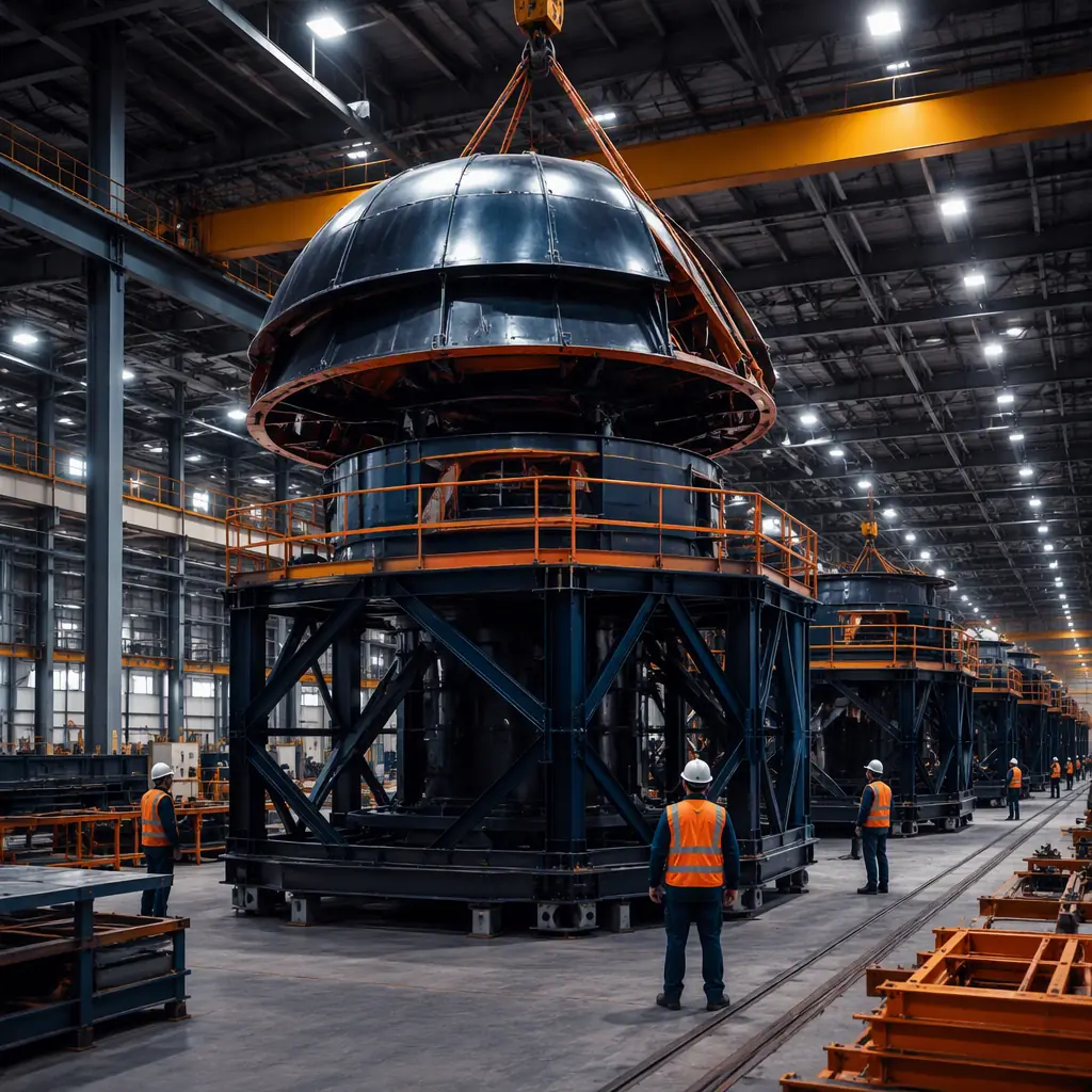 Factory floor of modular prefabricated construction facility, steel-framed observatory support module under assembly, dome section being fitted to module, workers in safety vests with no visible faces, dark navy steel frame with warm steel orange details, no text
