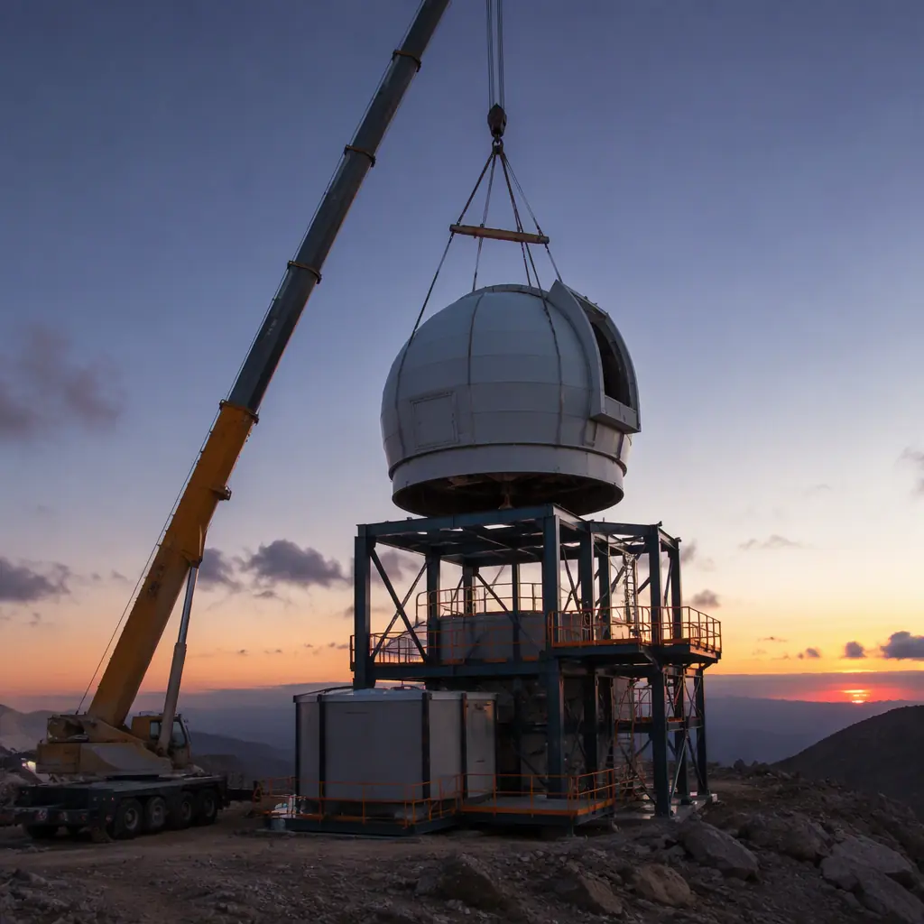 Crane lifting prefabricated observatory dome module onto steel frame support building at remote construction site, factory-assembled modules, module seams visible, construction at dusk, dark navy steel frame with warm steel orange safety accents, no people faces, no text