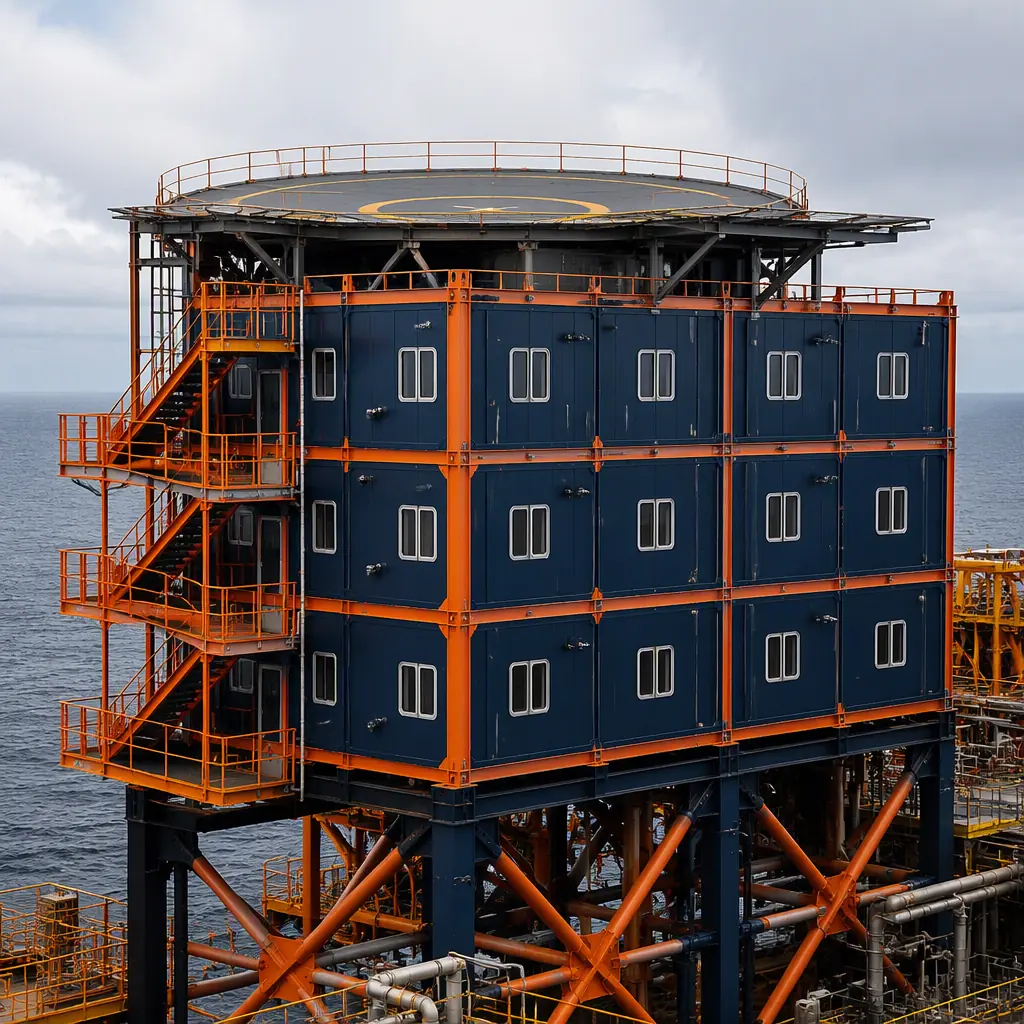 Modular prefabricated offshore platform accommodation module, blast-resistant steel quarters unit with helideck-ready roof, factory-assembled modules with visible steel frame and module seams, marine-grade industrial construction, offshore platform setting with sea horizon, dark navy steel with warm steel orange safety details, no text