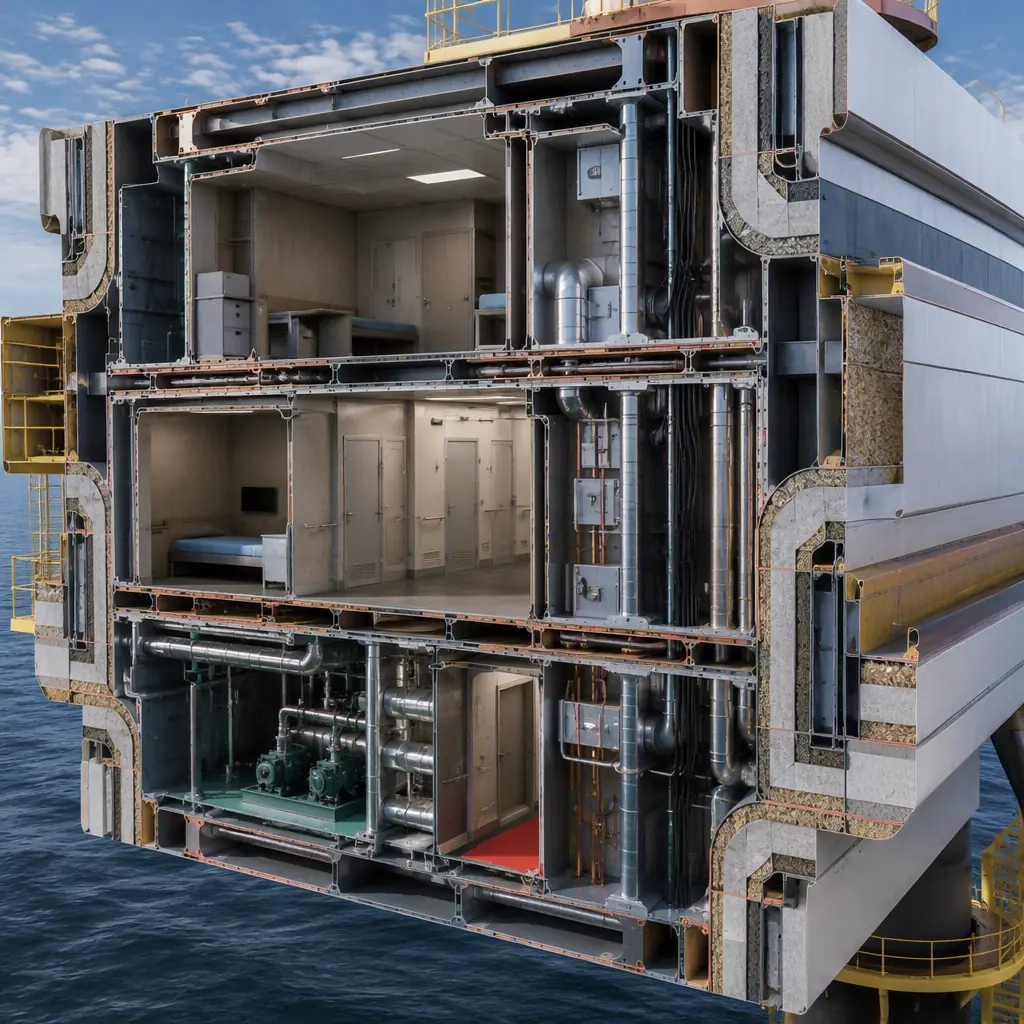 Photorealistic 3D cross-section render of offshore accommodation module, blast-resistant steel panel construction, fire-rated bulkheads, HVAC ducting and electrical risers, marine-grade corrosion protection layers on steel structure, distinct metal layers, clean engineering visualization, no text, no labels
