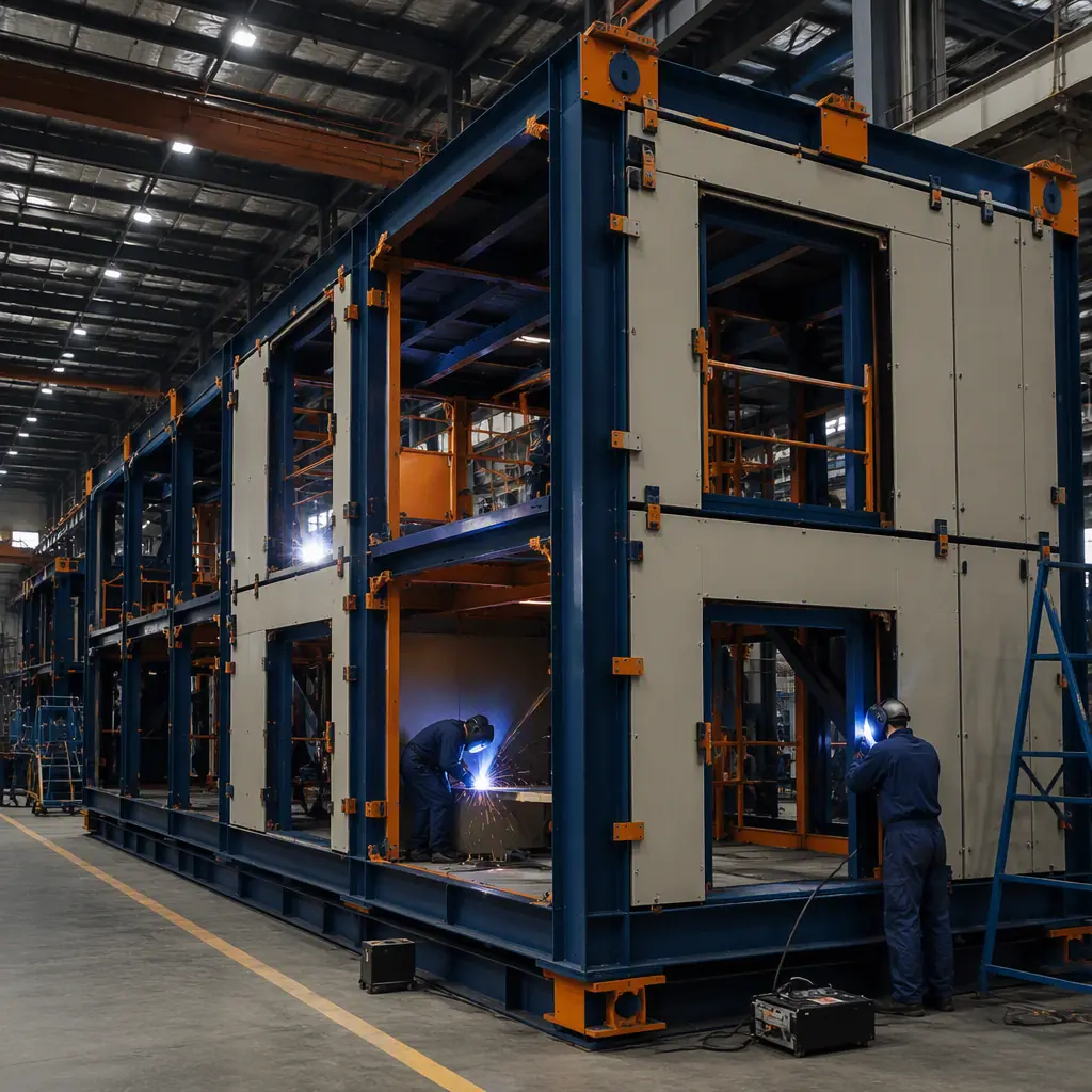 Factory floor of modular prefabricated construction facility, offshore-grade steel module under assembly, marine-grade coating applied to steel frame, workers welding and fitting blast-resistant panels without visible faces, heavy industrial assembly line, dark navy steel with warm steel orange details, no text