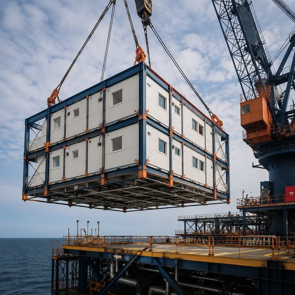 Heavy crane lifting blast-resistant offshore accommodation module onto offshore platform deck, module with steel frame and lifting lugs, industrial marine construction scene, sea and sky, module seams visible, no people faces, no text