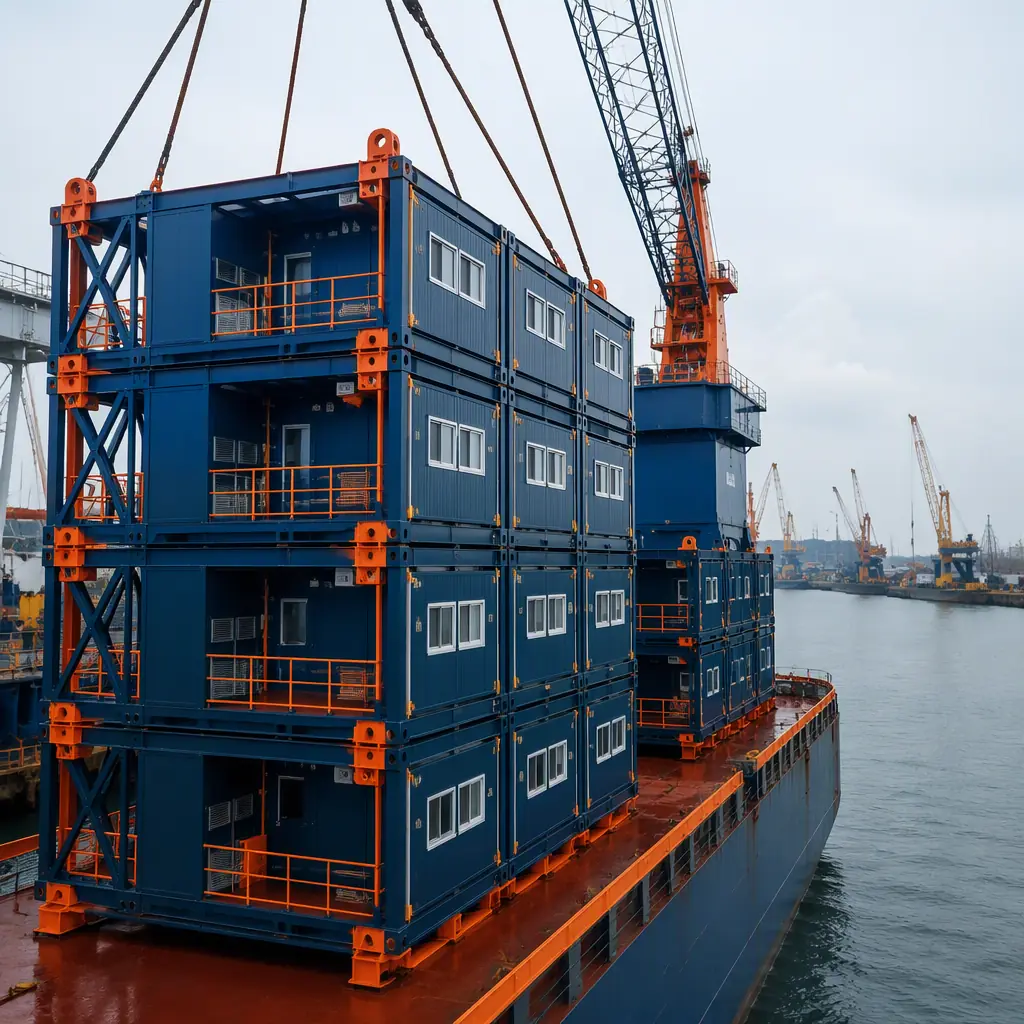 Modular offshore support facility modules being loaded onto cargo vessel for transport, stack of steel-framed accommodation modules with lifting lugs on deck, industrial harbor setting with cranes in background, module seams visible, no people faces, no text