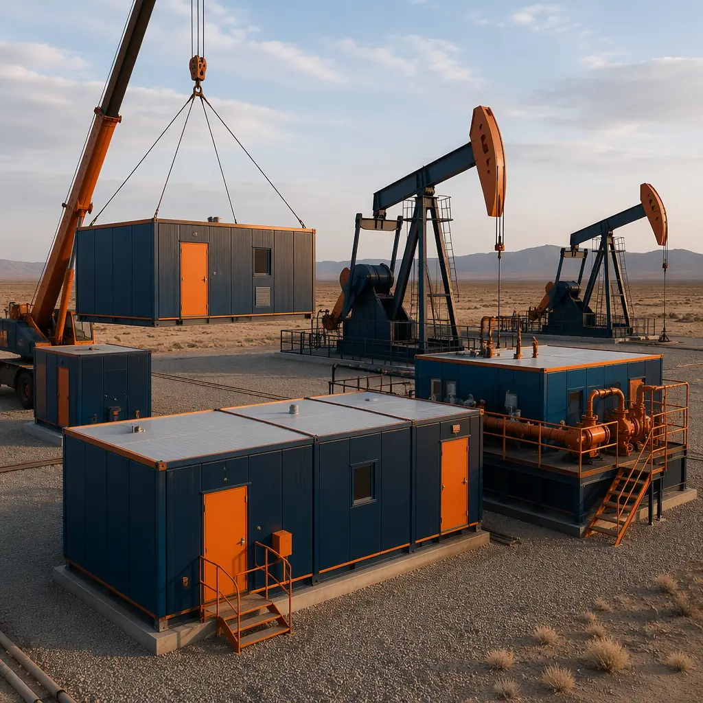 Modular oilfield well pad facility, prefabricated steel-frame equipment shelter modules positioned by crane beside pumpjack units, module seams visible on factory-built control room and pump station buildings, remote desert energy site with gravel pad, dark navy structural steel with warm steel orange accent details, no people