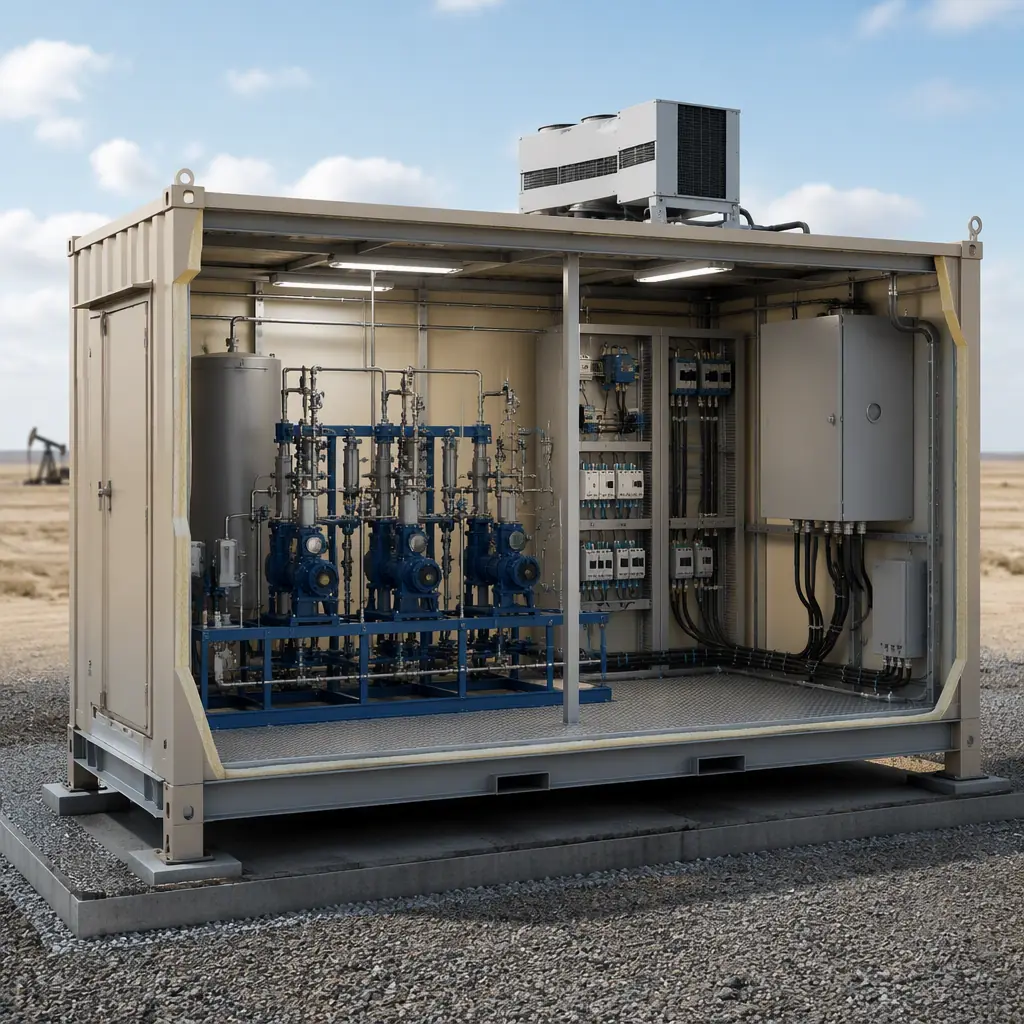 Photorealistic 3D cross-section render of modular oilfield well pad equipment shelter, skid-mounted chemical injection pumps pre-installed on steel frame, instrument panels with pre-terminated SCADA wiring, explosion-proof electrical enclosure, HVAC unit on roof, raised steel floor above gravel pad, clean engineering visualization, no text, no labels