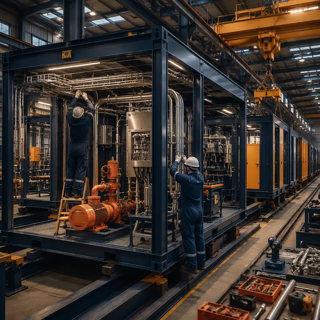 Factory floor of modular prefabricated construction facility, steel-framed oilfield equipment shelter under assembly, skid-mounted chemical injection pumps and instrument panels being installed on module frame, workers fitting explosion-proof conduit and cable trays (no faces), overhead crane, assembly line, dark navy and warm steel orange accents