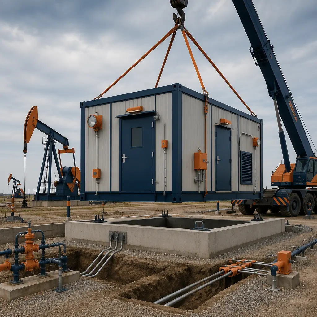 Crane lifting prefabricated steel-frame equipment shelter module onto foundation at oilfield well pad construction site, module with insulated wall panels and explosion-proof fixture housings, cleared gravel pad with utility trenches, pumpjacks in background, module seams visible, dark navy structural steel with warm steel orange accents, no people