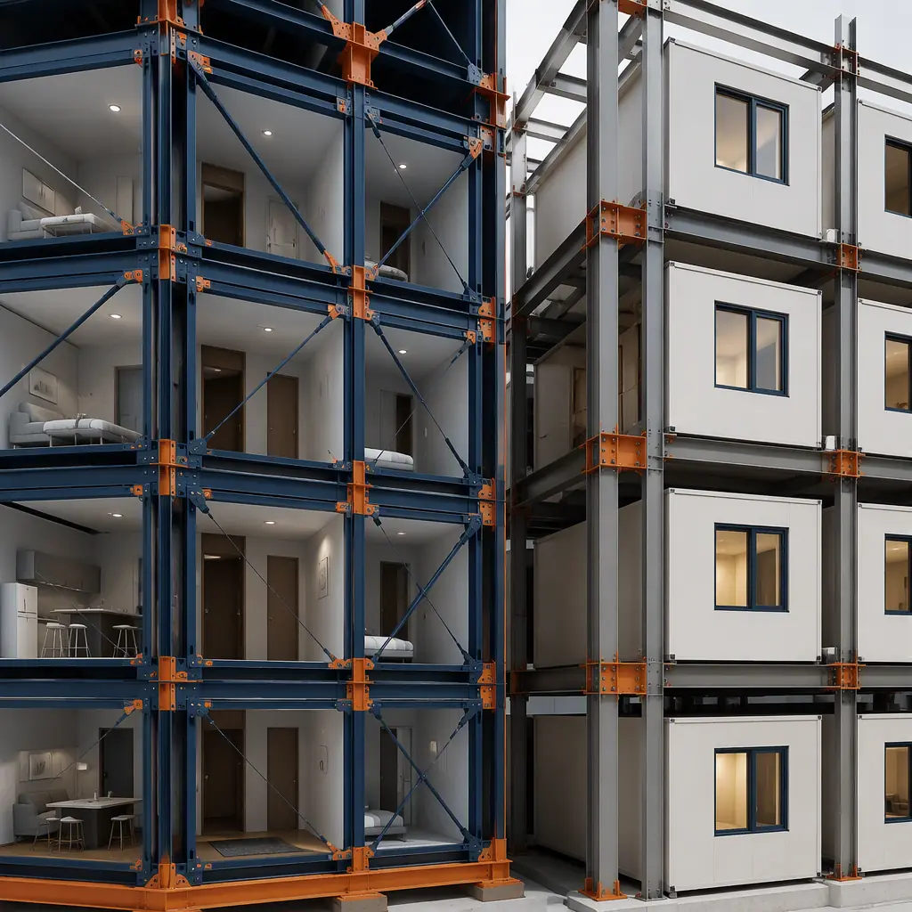 Photorealistic 3D cross-section render of two modular building systems side by side, on-frame self-supporting steel chassis modules stacked in a rigid grid with bracing, and off-frame finished boxes placed inside a separate structural steel frame, clean engineering visualization, no text, no labels