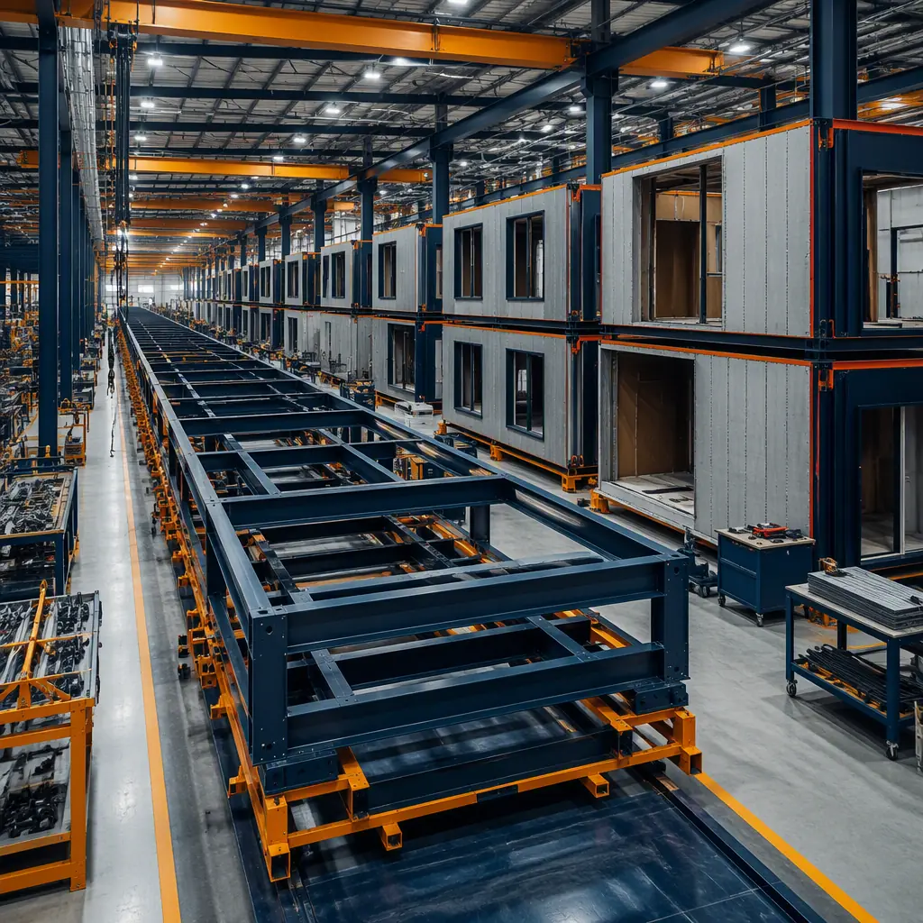 Factory floor of modular prefabricated construction facility, workers assembling self-supporting steel chassis frames for on-frame modules on line, finished off-frame boxes in production beside, module seams visible, dark navy and warm steel orange accents, no people faces, no text
