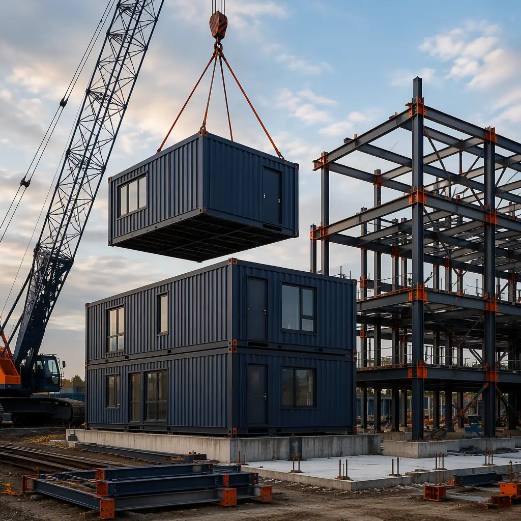Crane lifting a prefabricated on-frame self-supporting steel-chassis module alongside a site-built structural frame being erected, module stacked onto foundation with module seams visible, dark navy steel with warm orange accents, construction site, no people faces, no text