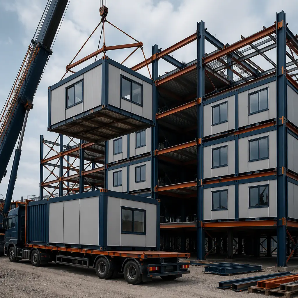 Prefabricated off-frame modular units arriving and being craned into a separately erected site steel frame at construction site, on-frame stacked modules visible in background forming a rigid grid, module seams visible, dark navy steel with warm orange accents, no people faces, no text, no logos