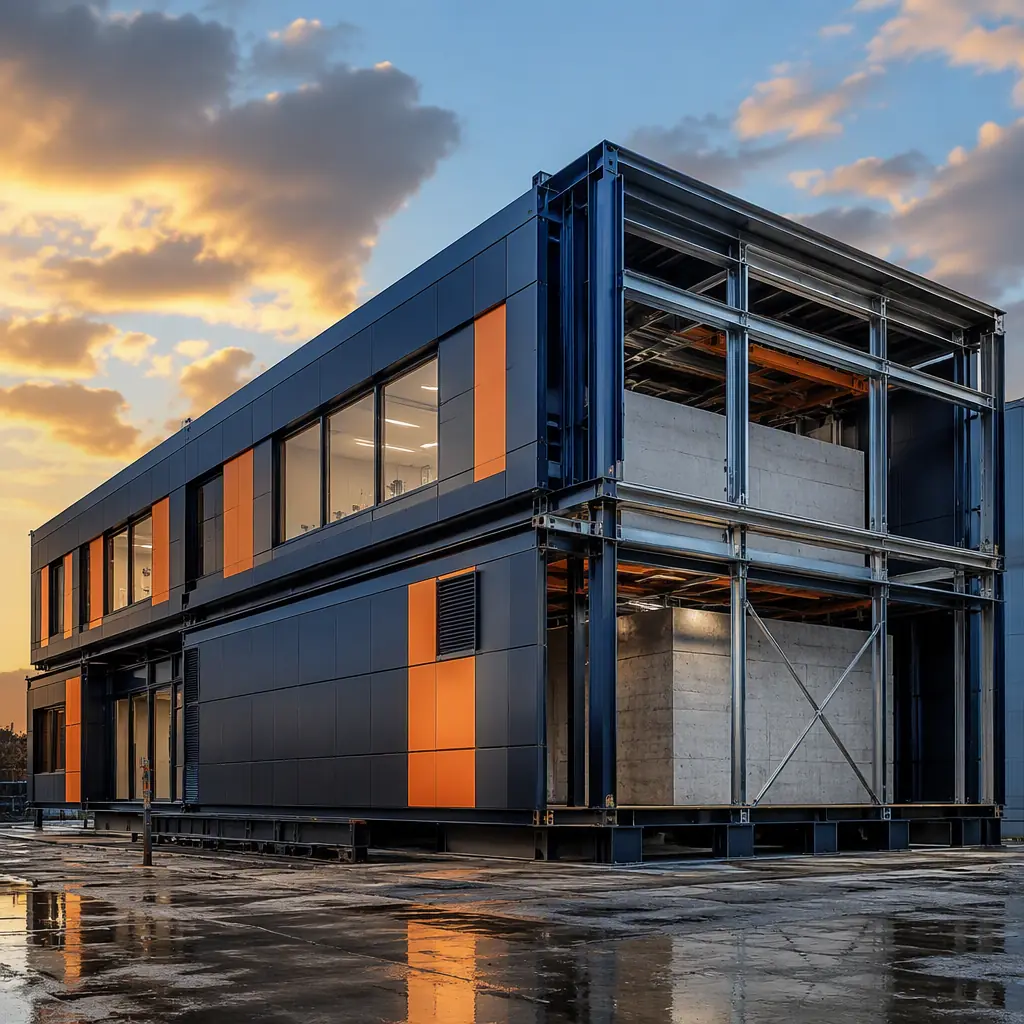 Modular radiation therapy center exterior, prefabricated steel-frame building with heavy concrete vault module visible, clean medical-grade architecture, module seams visible, dark navy structural steel with warm steel orange accents, no people, no text