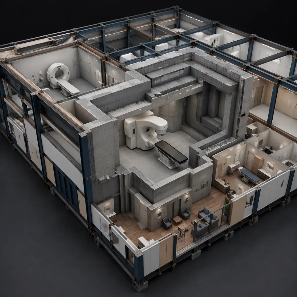 Photorealistic 3D cross-section render of modular radiation therapy vault, thick concrete shielded walls and maze entrance, LINAC treatment room with treatment table, CT simulator room, exam suites, patient waiting area, steel frame structure, clean engineering visualization, no text, no labels