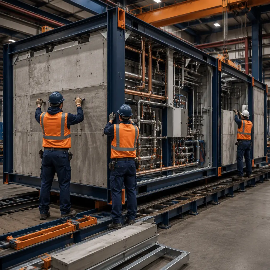 Factory floor of modular prefabricated construction facility, heavy concrete-shielded vault module with steel frame under assembly, workers installing shielding and MEP systems on module (no faces), overhead crane, assembly line, dark navy and warm steel orange accents