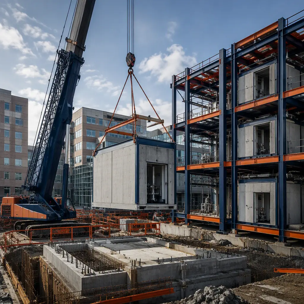 Crane lifting heavy prefabricated concrete-shielded vault module onto foundation at hospital campus construction site, steel-frame oncology center modules beside it, module seams visible, dark navy structural steel with warm steel orange accents, no people