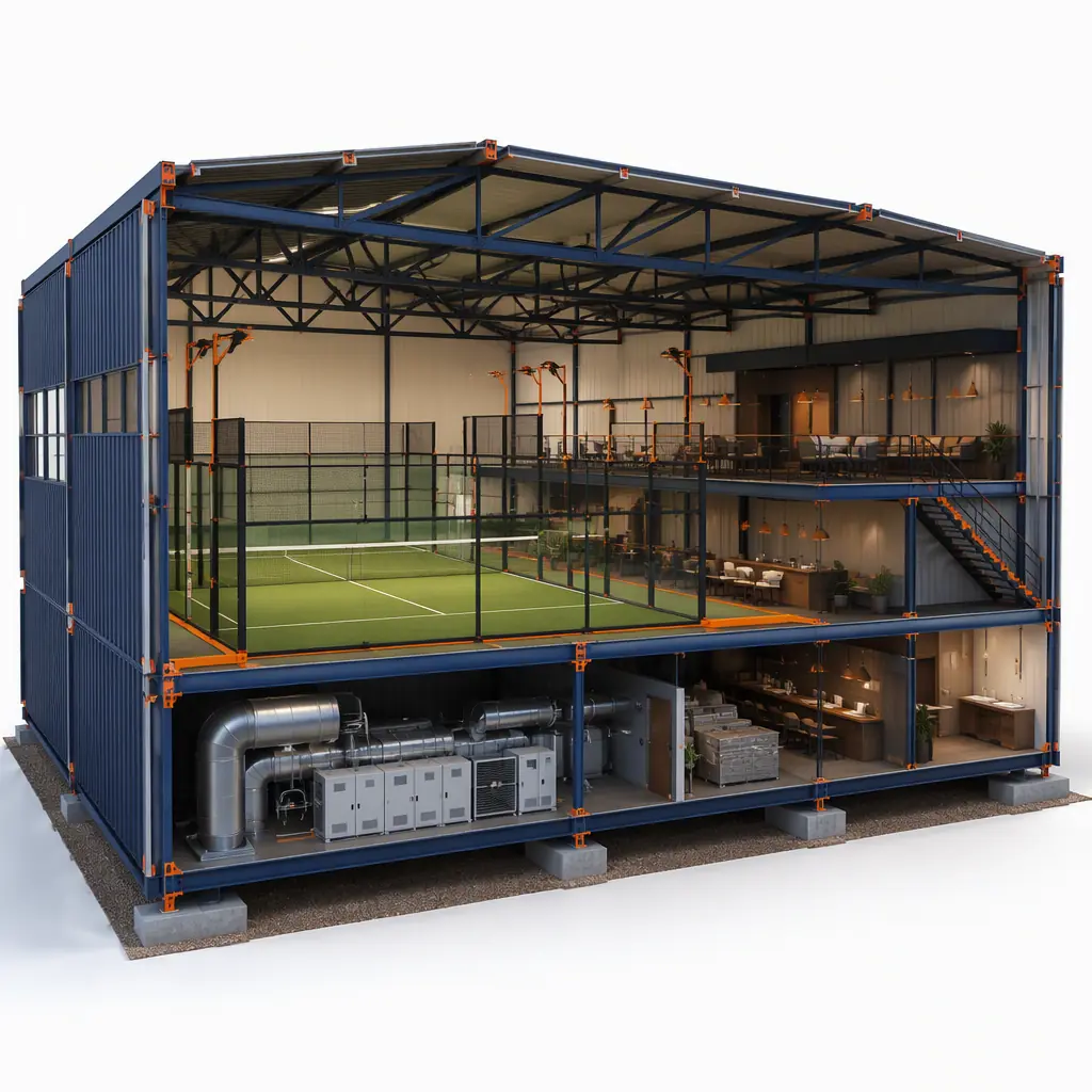 Photorealistic 3D cross-section render of modular indoor padel club building, showing clear-span steel truss roof, regulation court with glass walls and turf floor, spectator mezzanine above hospitality wing, HVAC plant room, clean engineering visualization, no text, no labels