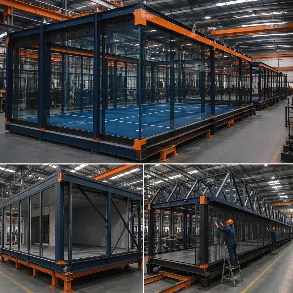 Factory floor of modular prefabricated construction facility, steel-frame padel club modules with tempered glass court wall sections being fabricated, truss roof modules on assembly line, workers fitting mesh panels, dark navy and warm steel orange accents, no people faces, no text