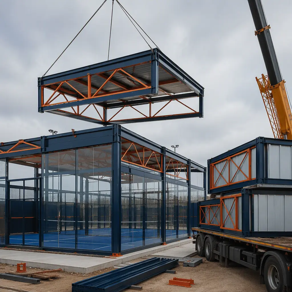 Crane lifting prefabricated steel-frame roof module with trusses onto padel club building under construction, glass-panel court walls staged on site, module seams visible, grid pattern facade, dark navy steel with warm orange accents, no people faces, no text