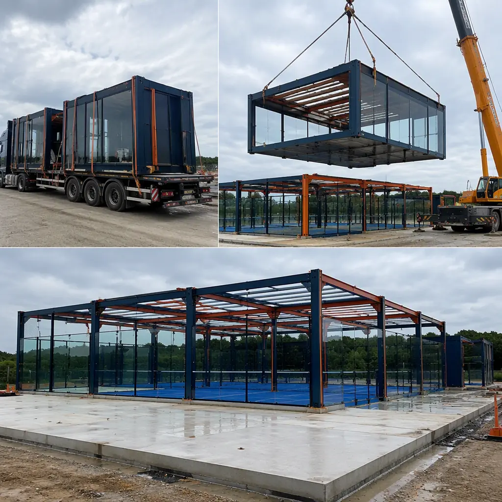 Prefabricated padel club modules arriving on flatbed trucks at construction site, crane positioning steel-frame hall module with glass wall sections, court area prepared with leveled base, module seams visible, dark navy steel with warm orange accents, no people faces, no text, no logos