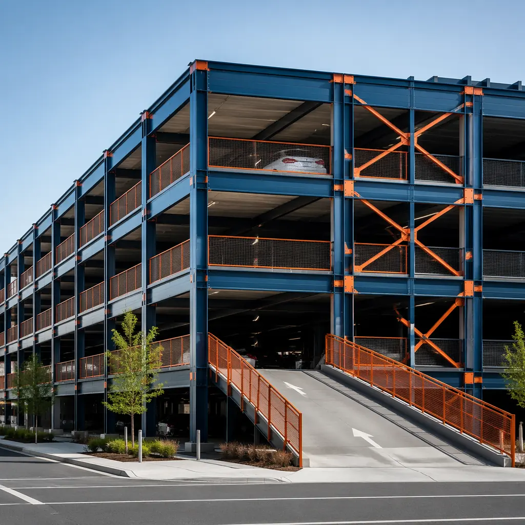 Multi-level modular parking structure exterior, prefabricated steel frame modules stacked with clean geometric lines, vehicle ramps visible, dark navy structural columns with warm steel accent details, urban streetscape setting