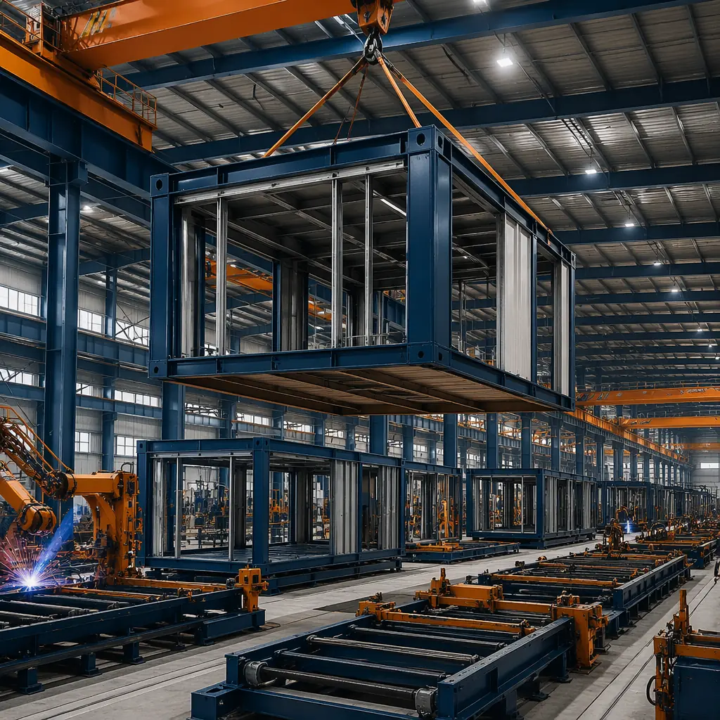 MODURA modular construction factory floor with completed steel-frame modules undergoing final quality inspection before shipping