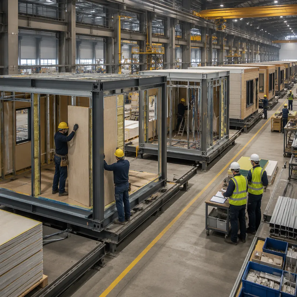 Modular prefabricated construction modules on factory floor with assembly line, steel frame structures visible, modules nearing completion, industrial manufacturing setting