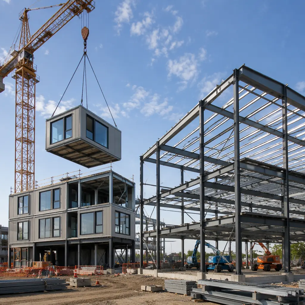 Side-by-side construction site comparison: completed modular building unit with steel frame and factory-installed windows being craned into position beside a pre-engineered metal building frame with steel columns and purlins being erected, both methods visible on active construction site