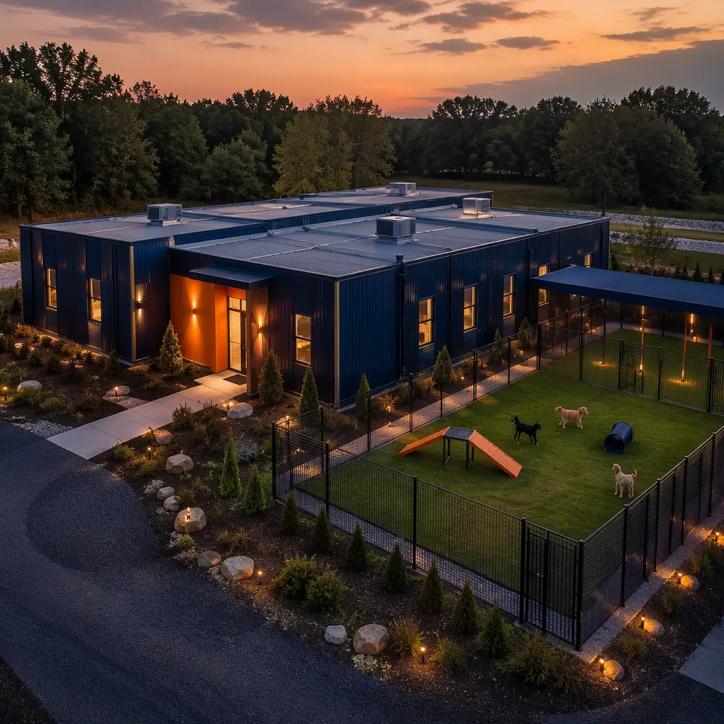 Golden-hour exterior view of a completed single-story modular pet boarding facility, steel-frame prefabricated building with dark navy cladding and warm steel orange accents, fenced outdoor dog play yard beside the building, clean geometric lines, module seams visible, modular prefabricated construction