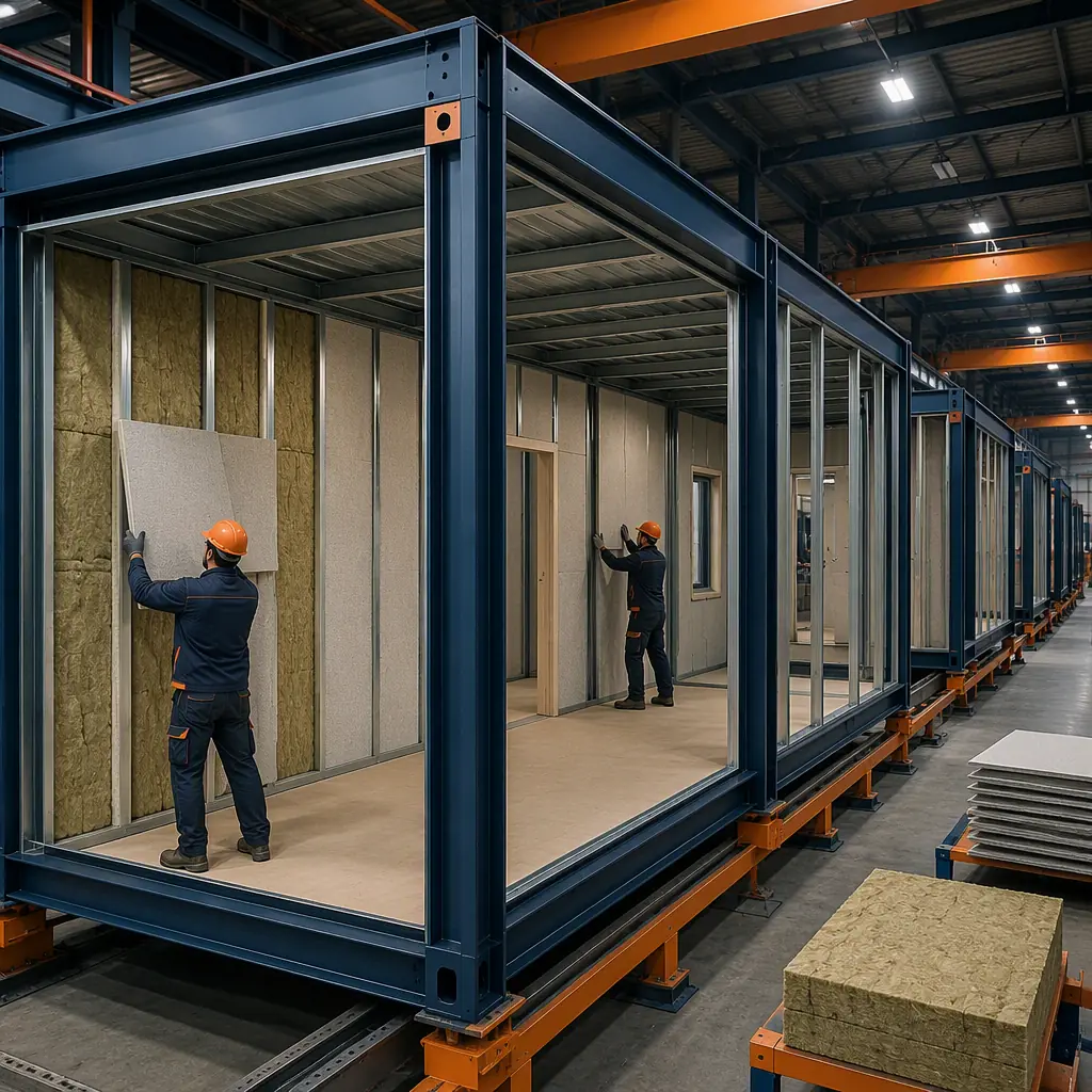 Factory floor of a modular construction facility, workers installing acoustic wall panels with mineral wool insulation into steel-frame modules for a pet care building, assembly line with steel structure visible, modular prefabricated construction