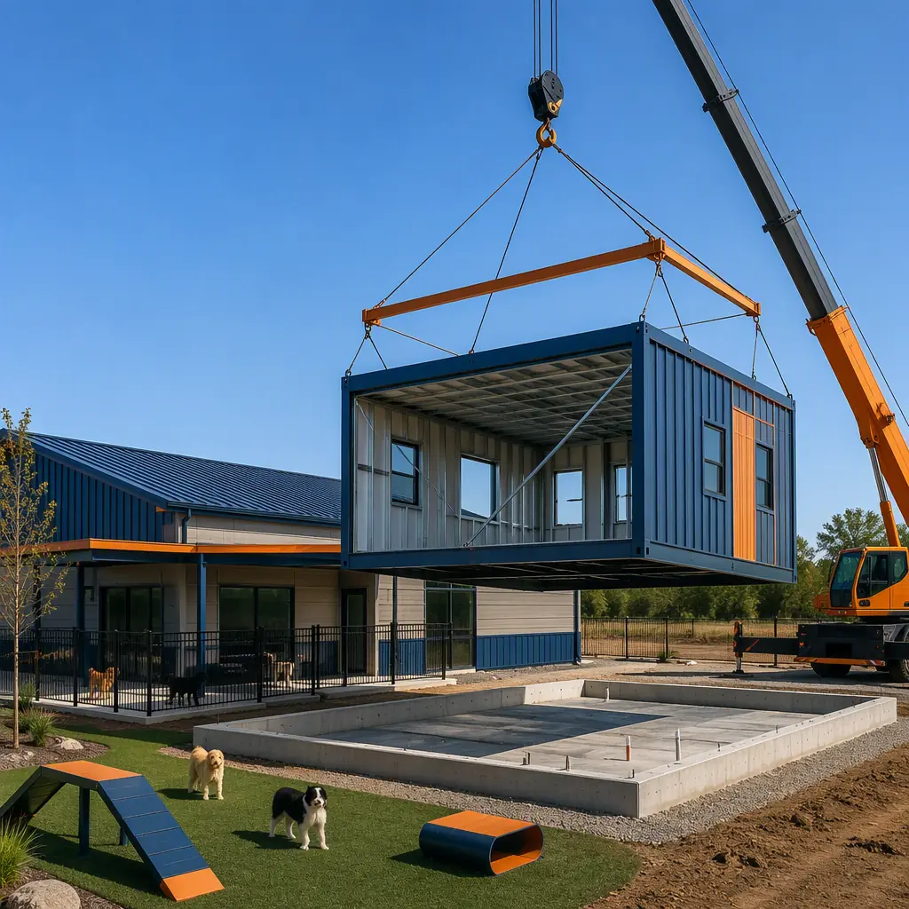 Crane lifting a prefabricated steel-frame building module onto a concrete foundation at a pet boarding facility construction site, module with clean geometric lines being positioned beside an existing single-story building, clear sky, modular prefabricated construction