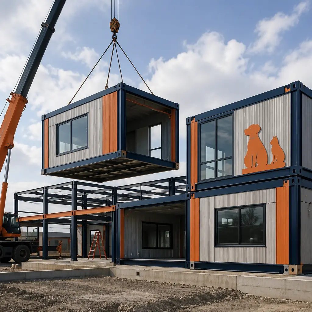 Steel-frame modular building modules being positioned and connected on a commercial construction site, crane lowering a module into place beside completed module sections with clean geometric facades, pet care facility under assembly, modular prefabricated construction