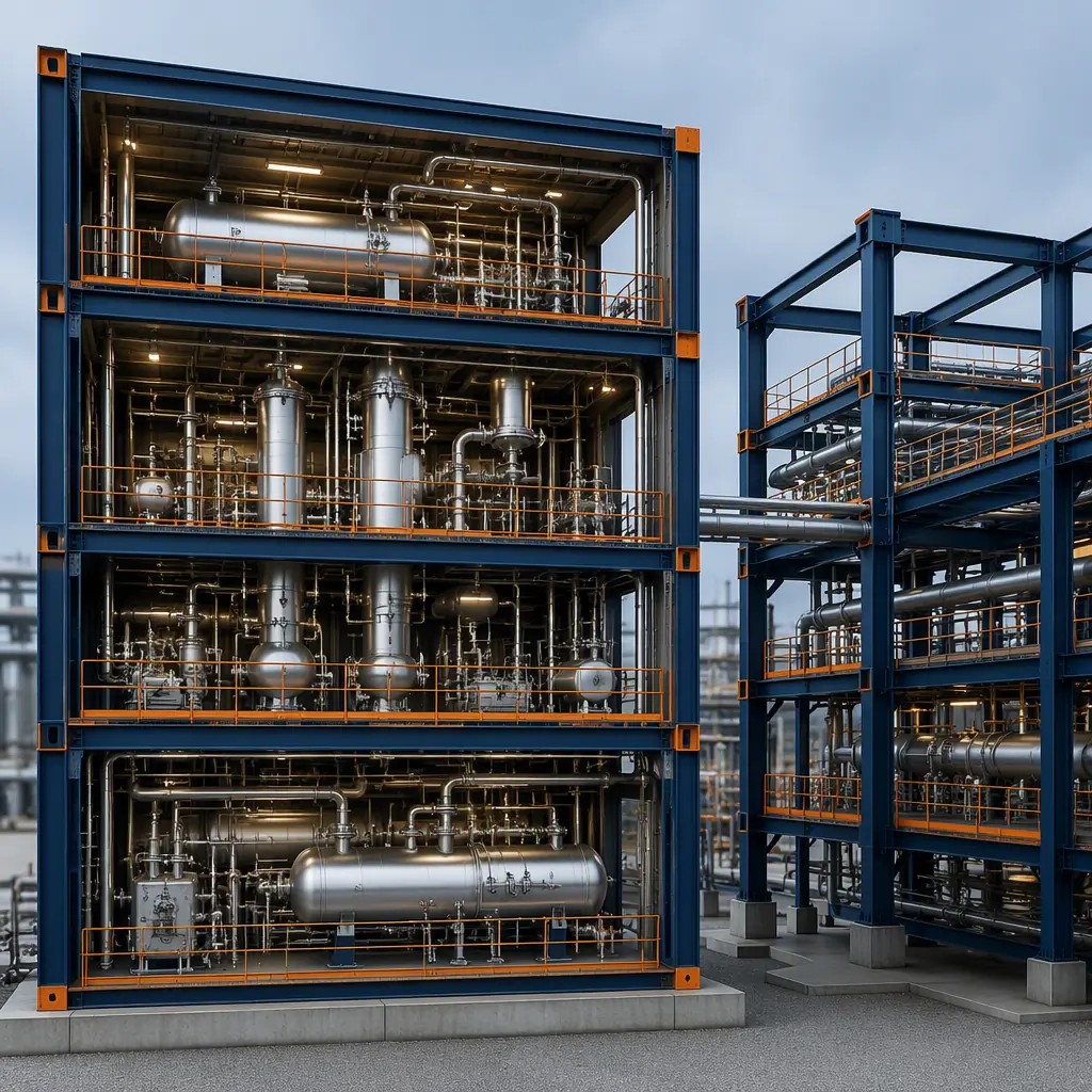 Photorealistic 3D cross-section render of modular petrochemical process facility, showing stacked steel-frame separator and fractionation modules with pre-installed piping and instrument trays, pipe-rack modules beside, clean engineering visualization, no text, no labels