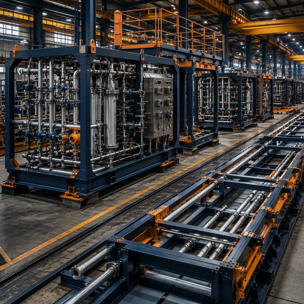 Factory floor of modular prefabricated construction facility, steel-frame petrochemical process skids with pre-installed piping and instrument panels being fabricated, utility and pipe-rack modules on line, module seams visible, dark navy and warm steel orange accents, no people faces, no text