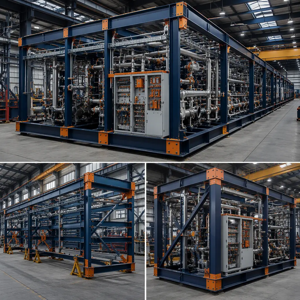 Factory floor assembling prefabricated steel-frame petrochemical process skid with pre-installed piping, cable trays and instrument panels, pipe-rack modules in production, module seams visible, dark navy steel with warm orange accents, no people faces, no text