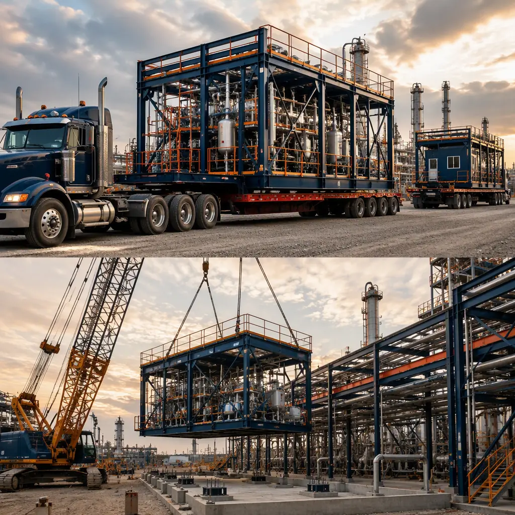 Prefabricated petrochemical process skid and control room module arriving on flatbed trucks at refinery site, crane positioning steel-frame module onto foundation beside pipe rack, module seams visible, dark navy steel with warm orange accents, no people faces, no text, no logos