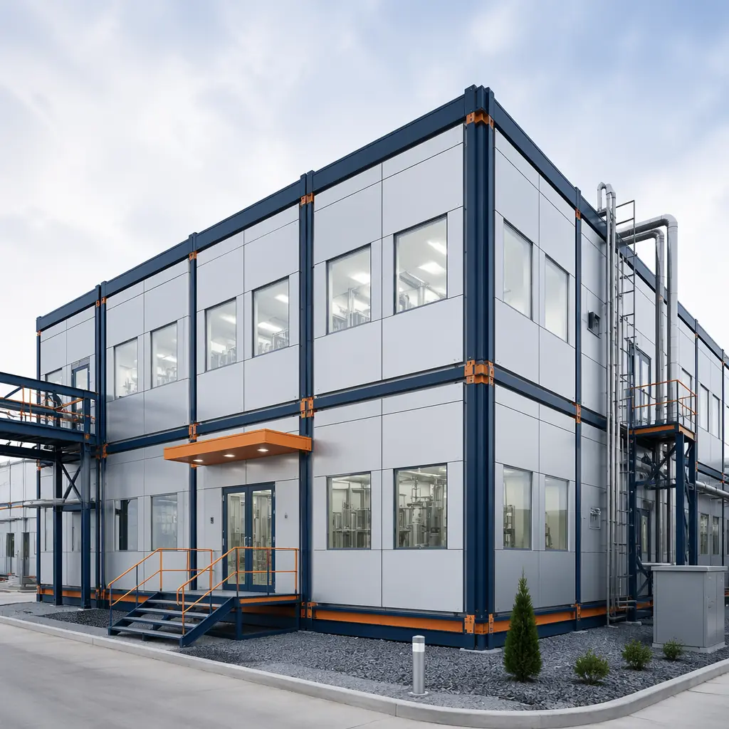 Modular pharmaceutical manufacturing facility exterior, prefabricated steel frame modules with clean geometric facade, GMP-compliant building aesthetic, module seams visible, modern life sciences campus setting