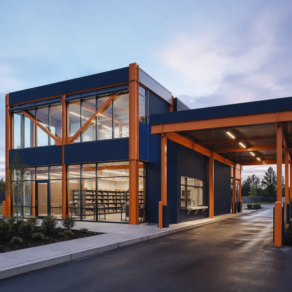 Modular pharmacy and drugstore building exterior, prefabricated steel-frame modules with glass storefront and drive-thru window lane, module seams visible, clean healthcare retail architecture, dark navy structural steel with warm steel orange accents, no people, no text