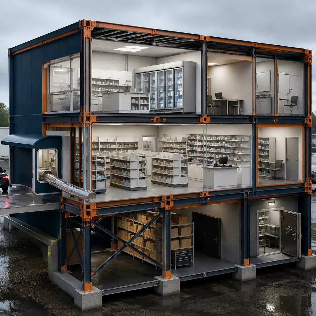 Photorealistic 3D cross-section render of modular pharmacy building, showing dispensary with cold storage refrigeration units, retail floor with shelving, drive-thru window with pneumatic tube, consultation rooms and secure storage, steel frame structure, clean engineering visualization, no text, no labels