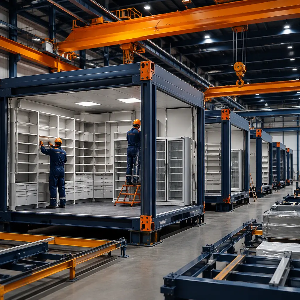Factory floor of modular prefabricated construction facility, pharmacy module under assembly with steel frame, workers installing pharmacy shelving and refrigeration units (no faces), overhead crane, assembly line, dark navy and warm steel orange accents