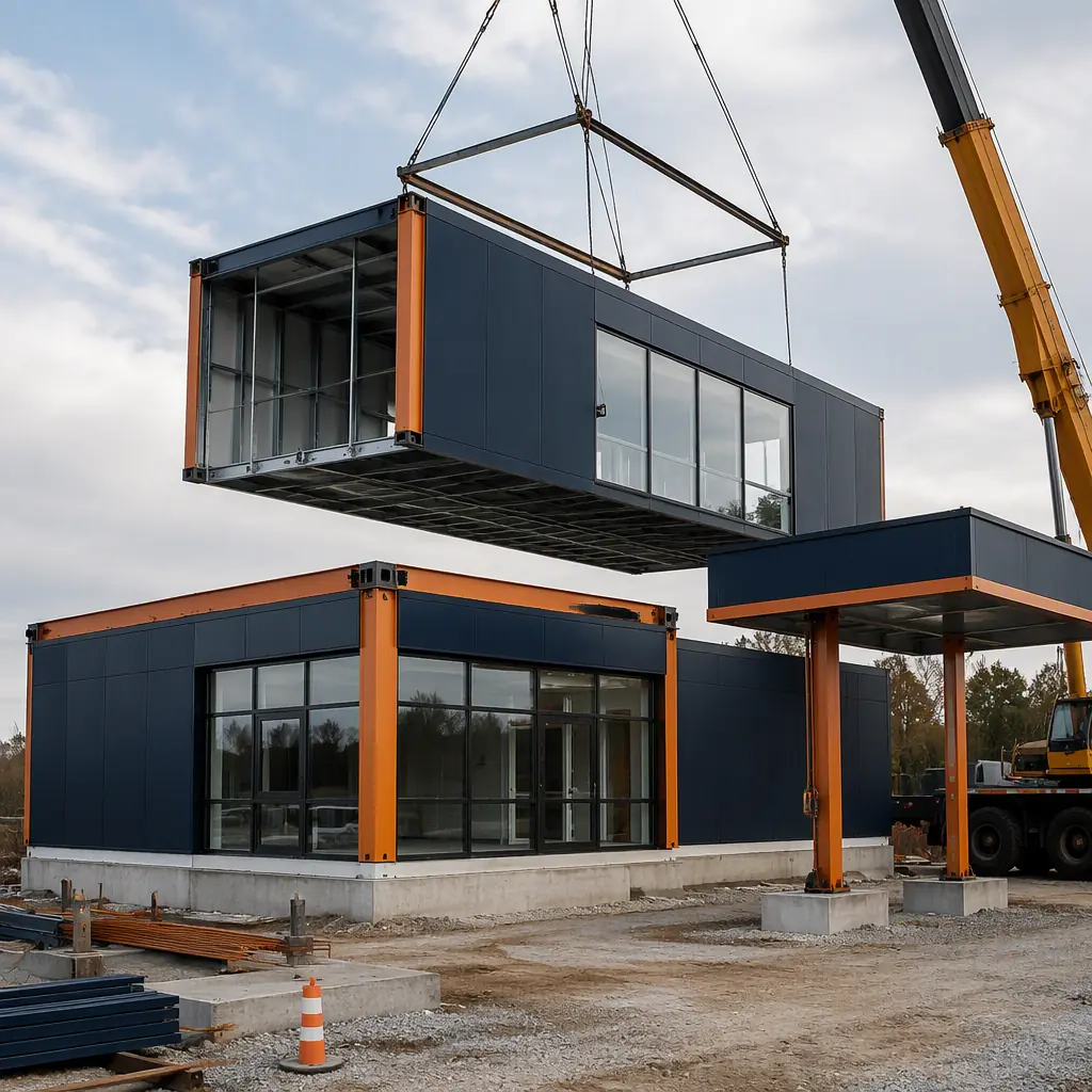 Crane lifting prefabricated modular pharmacy building section onto foundation at retail site, steel-frame modules with glass storefront and drive-thru canopy section, module seams visible, dark navy structural steel with warm steel orange accents, no people