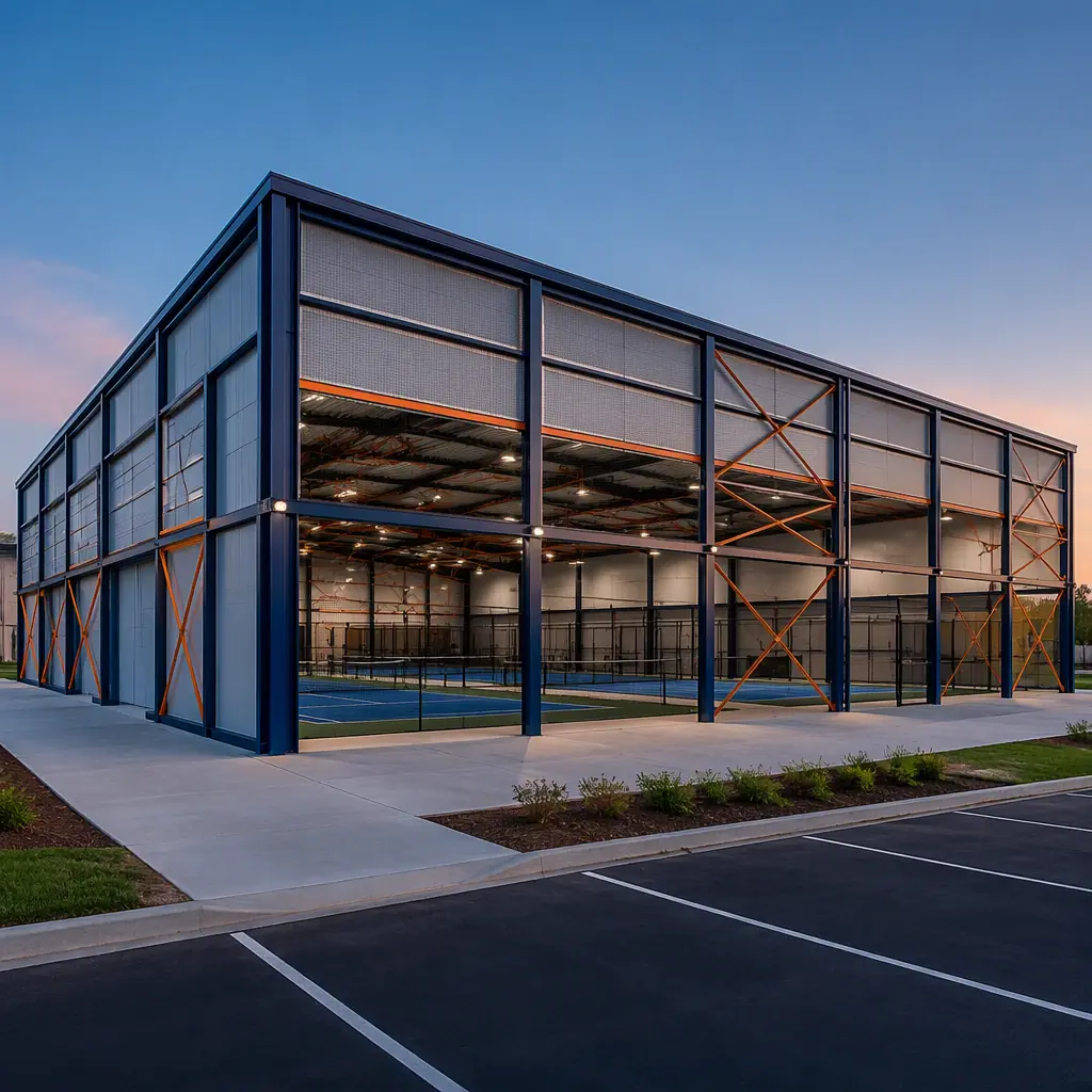Modular pickleball facility building exterior, large prefabricated steel-frame court hall with clean geometric facade, module seams visible, multiple court hall modules connected, dark navy structural steel with warm steel orange accents, no people, no text