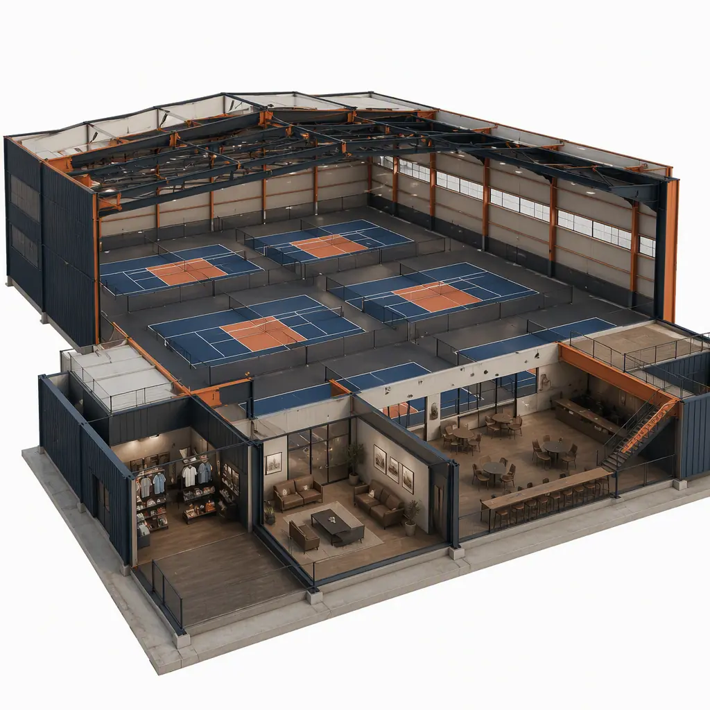 Photorealistic 3D cross-section render of modular indoor pickleball facility, six regulation pickleball courts with clear-span roof, lobby and pro shop module, player lounge and viewing area, steel frame structure, clean engineering visualization, no text, no labels