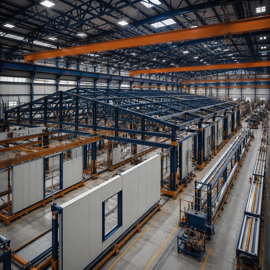 Factory floor of modular prefabricated construction facility, clear-span steel roof truss module under assembly for sports facility, workers installing acoustic panels and lighting (no faces), overhead crane, assembly line, dark navy and warm steel orange accents