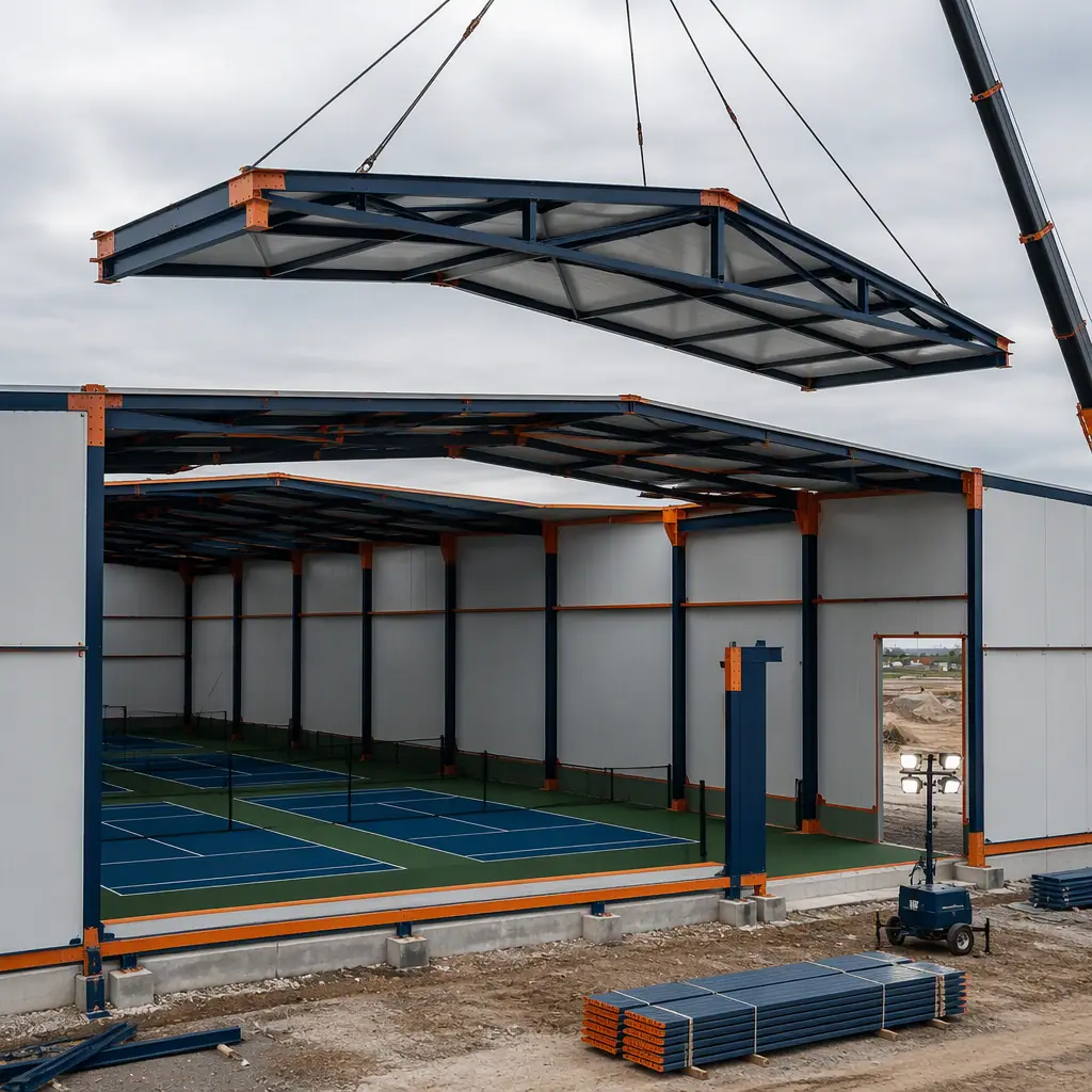 Crane lifting prefabricated clear-span steel roof module onto indoor pickleball facility walls at construction site, court hall modules positioned and connected, module seams visible, dark navy structural steel with warm steel orange accents, no people
