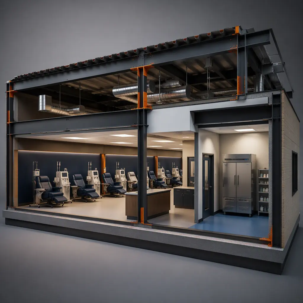 Photorealistic 3D cross-section render of modular plasma donation center floor, showing row of phlebotomy chairs with plasmapheresis machines, HVAC ducting in ceiling void, cold storage room with plasma freezer, clean engineering visualization, no text, no labels