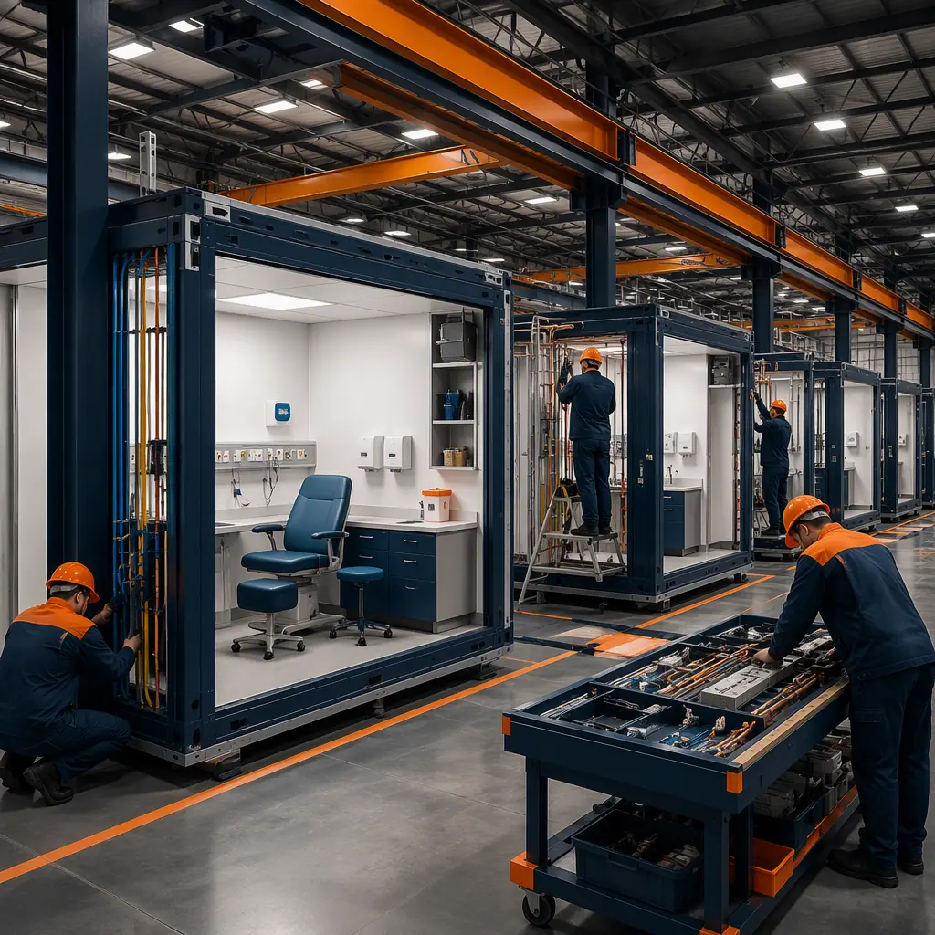 Factory floor of modular prefabricated construction facility, medical-grade steel-frame modules in production with phlebotomy station interiors being fitted, workers installing medical gas and electrical systems (no faces), quality inspection station, dark navy and warm steel orange accents