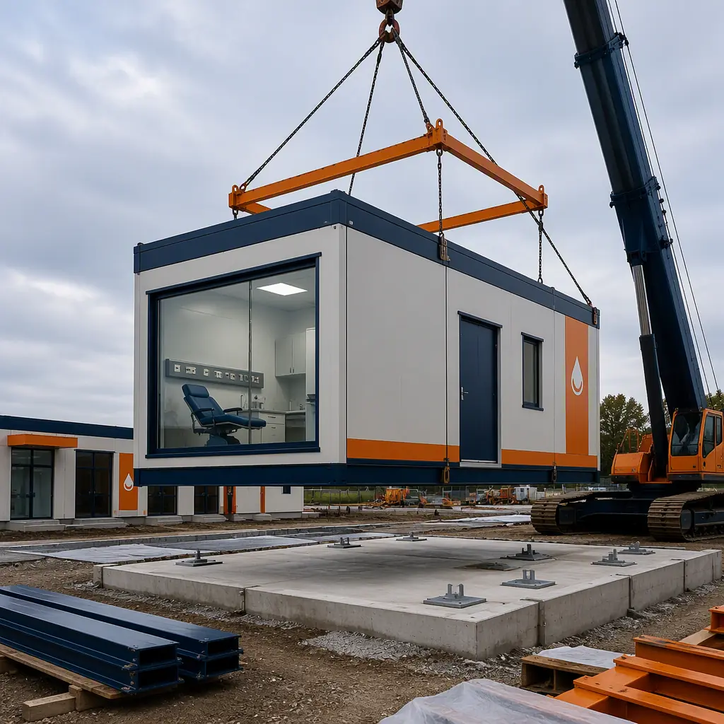 Crane lifting prefabricated steel-frame medical module onto foundation at plasma donation center construction site, module positioned over prepared concrete slab, module seams visible, medical-grade exterior panels, no people faces, no text