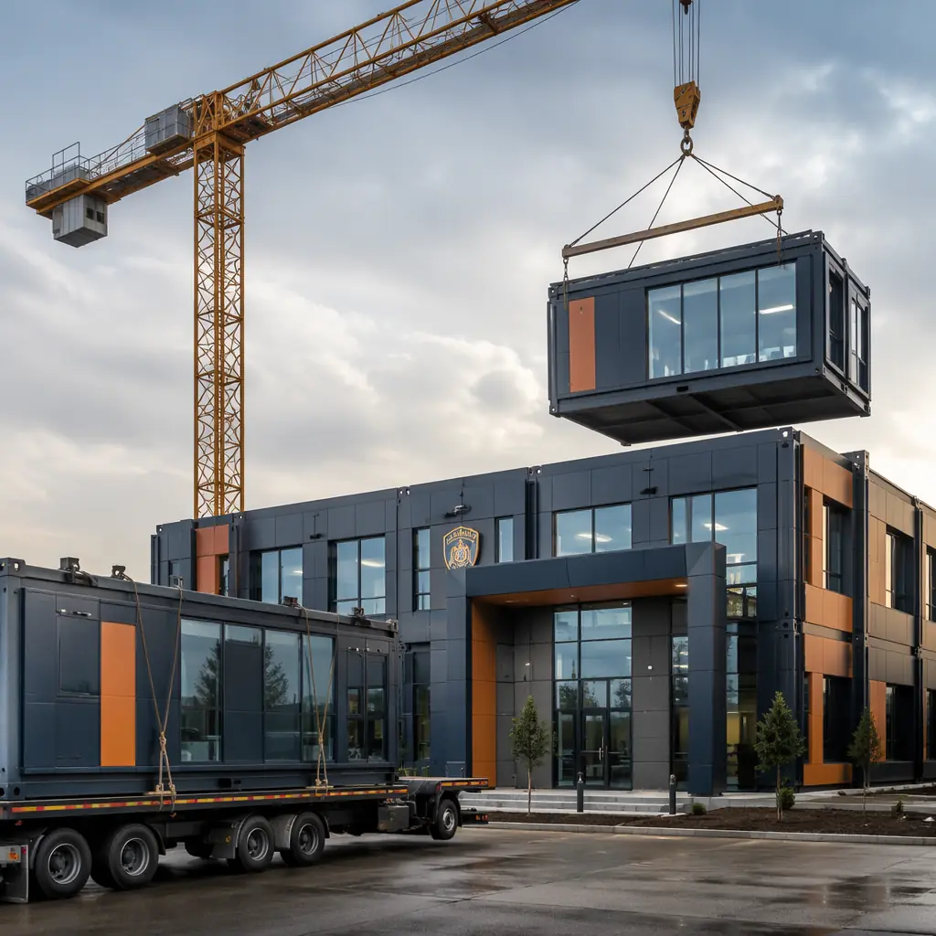 Modern modular police station exterior with prefabricated modules, steel frame visible, module seams defining facade grid pattern, secure entrance design with ballistic-rated glazing, dark navy structural steel with warm steel orange accent, clean geometric lines of factory-assembled construction, crane lifting final module unit into position