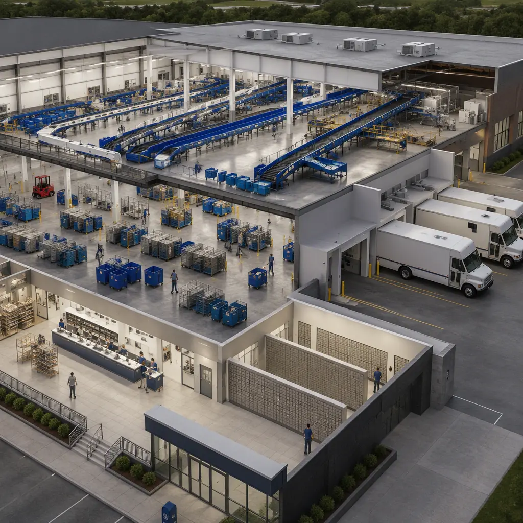 Photorealistic 3D cross-section render of modular postal facility, showing open sortation hall with conveyor system, parcel staging area with rolling containers, vehicle bay with delivery trucks, retail counter and PO box lobby, clean engineering visualization, no text, no labels